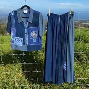 Vintage 80s Faith indigo Cottage Patchwork Skirt Set Lagenlook embroidered XS